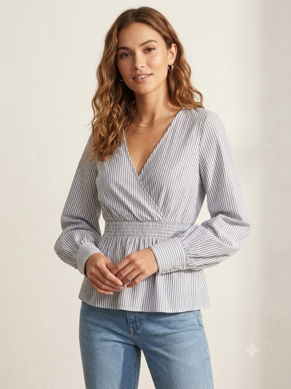Express Striped V-Neck Peplum Blouse with Balloon Sleeves - Size L